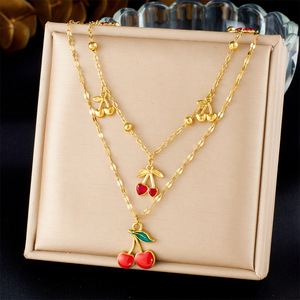 Fruit Cherry Pendant Layered Necklace Zinc Alloy Gold Plated Stackable Chain Gift Jewelry N3459 - Product Image 1