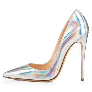 Style européen femmes brevet PU Stiletto pompes métallisé <span class=keywords><strong>argent</strong></span> bout pointu brillant bouche peu profonde Sexy talons personnalisé 12CM - Product Image 2