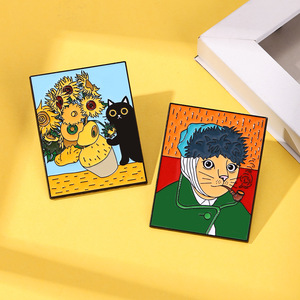 Spilla smaltata ispirata a <span class=keywords><strong>Van</strong></span> Gogh: gatto, girasoli e autoritratto - Parodia di famosi dipinti, spille da bavero - Product Image 2