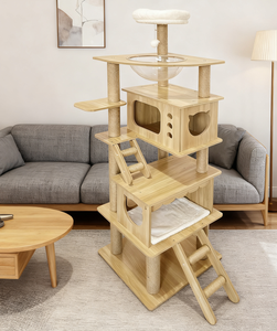متعددة الوظائف كبيرة شجرة القط الحديثة مع الكتان الخشب والمواد القطيفة 4 مستويات في الارتفاع الكرتون معبأة - Product Image 2