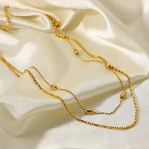 Simple 18K chapado en oro pequeño cubo collar femenino de acero inoxidable de doble capa ovalada bola cuentas cadena gargantilla collar - Product Image 2