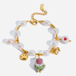 Ceramic Pearl Bracelet With Flower Charm Stainless Steel Women's Jewelry Gift - Product Image 1