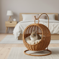 Hamac suspendu rond en rotin PE tressé avec coussin profond et moelleux, support inclus, pour chat, chien, animaux de compagnie, lit, maison, panier de rangement tressé