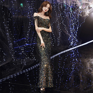 Sequined Evening Gown Off Shoulder Mermaid Tassel Long Dress For Banquets And Annual Meetings Natural Waistline - Product Image 2