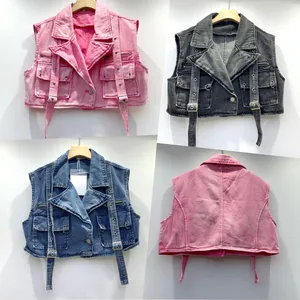 Dames Dubbele Zakken Denim Vest Jack Turn Down Kraag Jeans Mouwloze Jas Zomer Roze Hoge Taille Cowboy Tanks Cardigan Tops