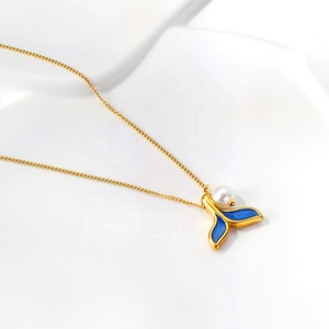 Colliers de perles plaqués or 18 carats vintage, pendentif personnalisé queue de poisson bleue, bijoux hip-hop tendance pour hommes et femmes - Product Image 5