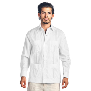 Camicie Casual da Uomo a Maniche Lunghe Stile Cubano Guayabera in Policotone Bianco - Product Image 5