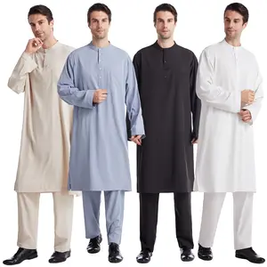 新しいイスラム教徒の男性ジュバトーブボタンローブパンツ2pcs服スーツアバヤサウジアラビアイードトルコクルタイスラム教徒の毎日のドレス