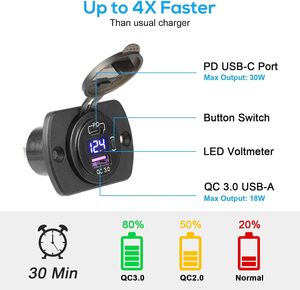 Cargador USB de 12V 30W con PD USB-C y QC 3.0, con Voltímetro LED para <span class=keywords><strong>Barco</strong></span>, Moto, RV - Product Image 2