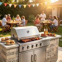 Barbecue au gaz 4 brûleurs BBQ Kingdom en acier inoxydable avec plaque de cuisson en fonte, brûleur latéral, bac à graisse amovible et tables latérales