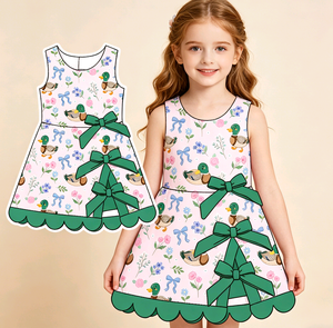 Vestido de niña personalizado estilo boutique con estampado floral de patos mallard de verano, con lazos, pantalones cortos con forro, estilo animadora, lindo, corte en A, para hermanas - Product Image 1
