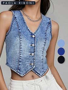 Gilet en jean vintage pour femme, style rétro cowgirl, coupe courte avec col en V sexy, respirant pour le printemps et l'été - Product Image 4