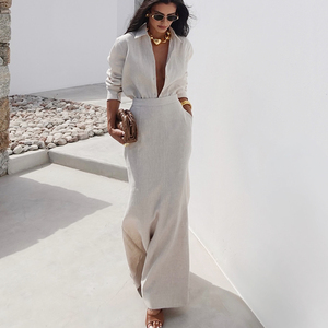 Conjunto de Dos Piezas de Ropa de Oficina para Mujer Enyami, <span class=keywords><strong>Blusa</strong></span> de Manga <span class=keywords><strong>Larga</strong></span> de Color Sólido <span class=keywords><strong>con</strong></span> Botones, Estilo Casual para Mujer, <span class=keywords><strong>Falda</strong></span> Maxi Ajustada y Evase - Product Image 1