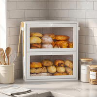 Boîte à pain en bambou à 2 niveaux avec fenêtre en acrylique et porte magnétique, bac de rangement pour comptoir de cuisine, organisateur de cuisine moderne style ferme