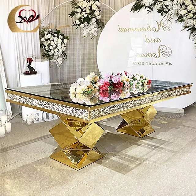 Luxury gold stainless steel furniture mirror or glass top led wedding table