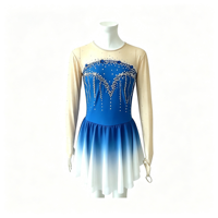 Robe de patinage et de danse dégradé bleu roi pour enfants et adultes, avec manches longues en maille nude et découpes ornées de strass dorés, pour concours et spectacles de patinage artistique
