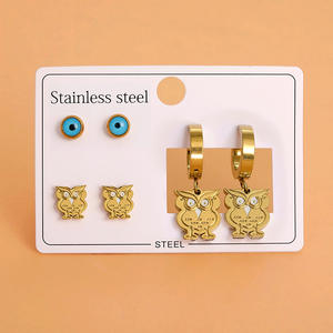 Aço inoxidável banhado a ouro brincos com flor geométrica e coruja design conjunto de jóias das mulheres na moda - Product Image 6