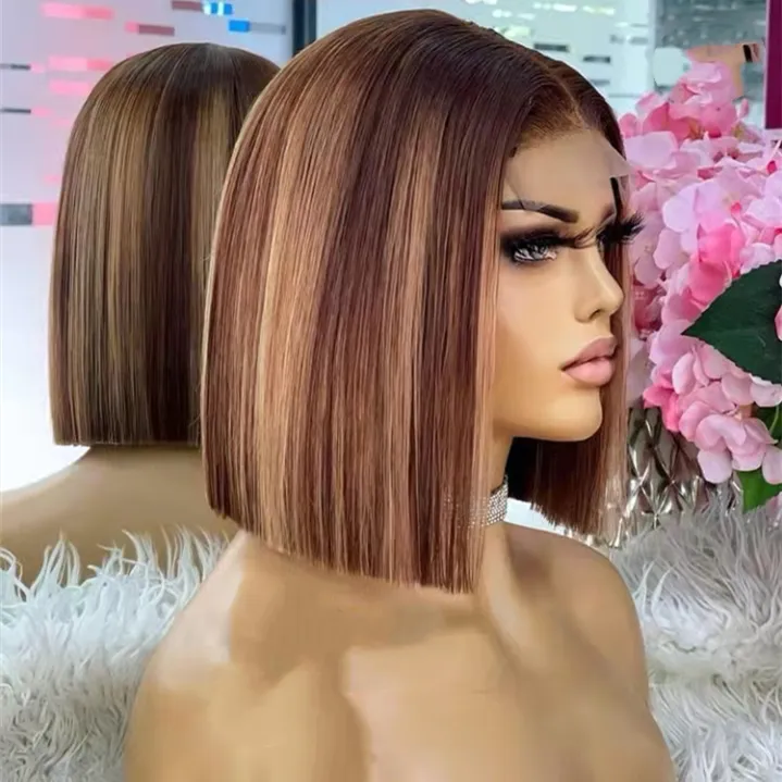 Summer Wig Highlight Bone Blunt Cut Straight Bob Full Cuticle Aligned Hair Transparent HD Lace Frontal Closure Wigs