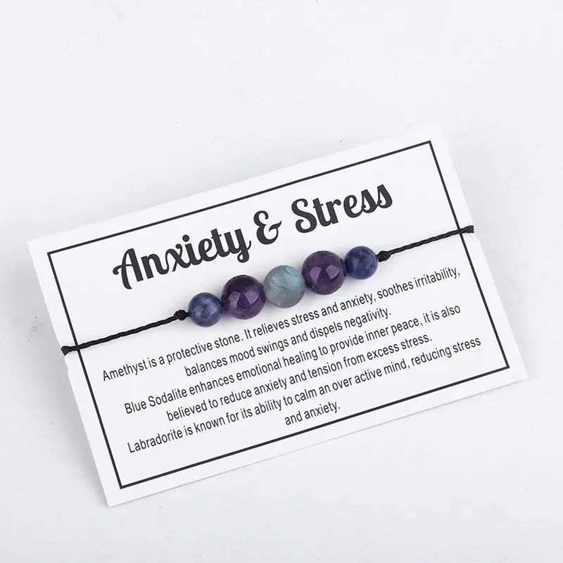 Neue einstellbare natürliche Heilung 7 Chakra Edelstein Spirituelle Angst Stress abbau Amethyst Perlen Armband mit Karte