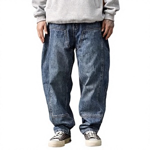 <b>Mens</b> Loose Fit Wide Leg Medium Wash Blue Jeans Casual Seam Detail Denim Pants Classic Retro Streetwear Straight 100% Cotton - Product Image 1