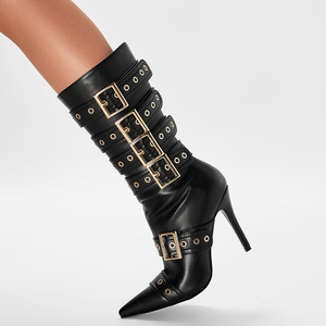Large Size 46 Belt Metal Buckles Women <b>Knee</b> <b>High</b> Boots <b>High</b> Slim Heeled Long Booties Sexy Punk Styles Stiletto Dress Shoes - Product Image 5