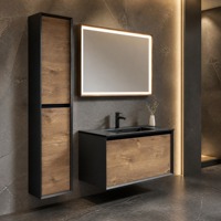 Meuble-lavabo de salle de bain en mélamine avec finition bois, cadre en métal noir et robinet