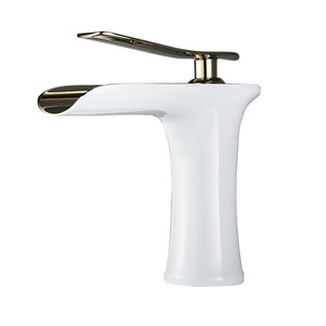 Robinet de lavabo cascade en laiton, monotrou, mitigeur chaud/froid, ergonomique, blanc doré, double hauteur, pour lavabo de salle de bain à domicile ou à l'hôtel - Product Image 1