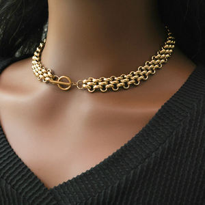 YF3363 Joyería Vintage Resistente al Agua y al Deslustre, Chapado en Oro de 18K, <span class=keywords><strong>Acero</strong></span> <span class=keywords><strong>Inoxidable</strong></span>, Conjunto de Collar Grueso Tejido y Pulsera Gruesa - Product Image 3