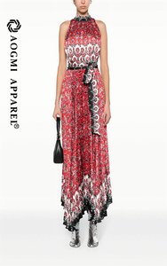 Couture Fashion Women's Printed Halter Neck off the Shoulder Sleeveless Lace-Up Maxi Asymmetrical 100% <strong>Silk</strong> <strong>Summer</strong> <strong>Dress</strong> - Product Image 3