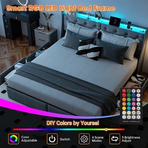 Cadre <span class=keywords><strong>de</strong></span> <span class=keywords><strong>lit</strong></span> moderne King Size rembourré avec lumières LED RGB, station <span class=keywords><strong>de</strong></span> charge, tête <span class=keywords><strong>de</strong></span> <span class=keywords><strong>lit</strong></span> avec rangement et 4 tiroirs, plateforme métallique robuste - Product Image 2