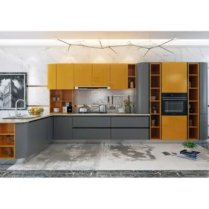 Moderno amarillo gris en forma de l de gabinete de cocina modular diseños