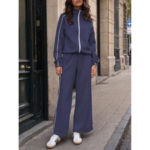 Conjunto de chándal de 2 piezas para mujer, personalizado, largo y holgado, con sudadera con cremallera, pantalones de pierna ancha, cuello alto, color liso, ideal para viajes. - Product Image 4