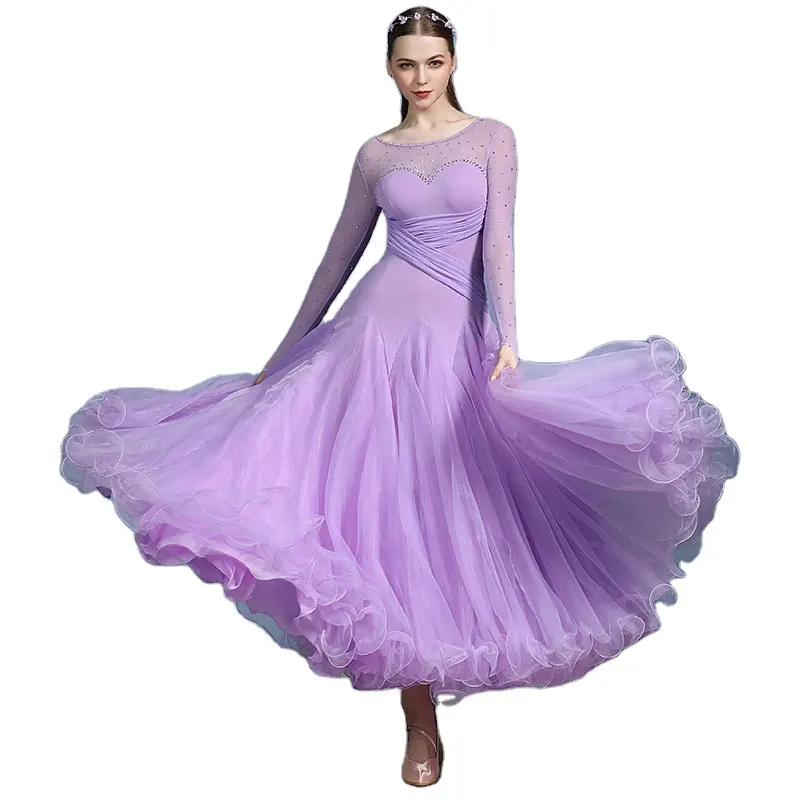 Roupas De Dança Traje De Baile Valsa Dança De Salão Competição Vestido Roxo Longo Vestido De Dança De Salão Latina