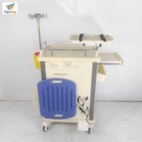 Chariot d'urgence médical moderne rouge en ABS avec 5 tiroirs, poteau porte-perfusion, étagère pour défibrillateur et garde-corps en aluminium pour ER