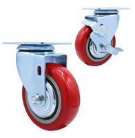 Roda Caster Tugas Berat OEM 4" 5" 6" 8" Baja Berlapis Bubuk dengan Rem Putar Warna Merah Inti Besi Poliuretan Tugas Berat 600kg