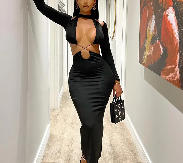 Long Sleeve Deep V Neck - Long Cleavage Dress - Maxi