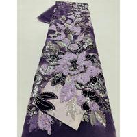Dentelle noire française perlée avec des fleurs 3D en sequins, tissu en dentelle perlée pour les fêtes et les mariages