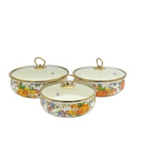 Ensemble de 3 boîtes de rangement en émail Senny, pot à vapeur floral avec couvercle en verre et bordure dorée, récipient alimentaire de cuisine, pot à thé, café, sucre, OEM