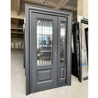 TECHTOP Porte d'entrée principale grise moderne en verre trempé pleine vue avec cadre noir prêt pour la maison