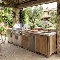 Abri de cuisine extérieur personnalisé en acier inoxydable 304 aux couleurs chaudes, anti-insectes, avec barbecue intégré pour cour