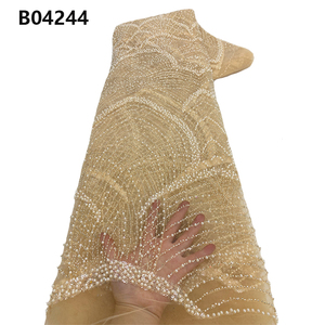 CHOCOO女性用光沢のあるビーズレース生地レッドメッシュ刺繍ビーズブライダルレース生地 - Product Image 4