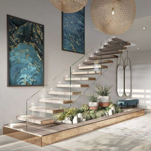 高級デザイン スチール製モノストリンガー浮遊階段 大理石/木製ステップ 浮遊階段 カスタム階段手すり付き - Product Image 4