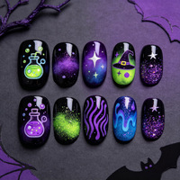 BETIFNAIL Prix de gros Halloween 30 faux ongles à presser, motifs Galaxie Violette et Verte, Paillettes, Chapeau de Sorcière, Potion Magique, Étoile, Effet Mécanique