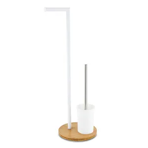 Bathroom Floor Standing Toilet Paper Holder White Plastic Bamboo Toilet Brush and Paper Holder