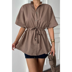 Camisa de Popelina con Detalle de Fruncido en la Cintura, Blusa Marrón para Mujer, Manga Corta, Cierre de Botones, Talla S - Product Image 3