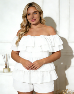 Joyinspring - Traje de una Pieza para Mujer, Talla Grande, Color Blanco, Hombros Descubiertos, con Volantes en Capas, de Verano, de Secado Rápido, Tejido de Punto, Corte Regular, Manga Corta - Product Image 2