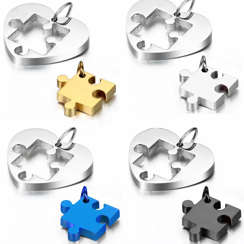 2PCS Stainless Steel Couples Love Heart Puzzle Pendant Necklace for Valentines Day
