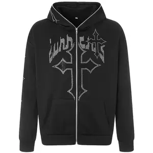 Y2K Rhinestone Full Zip Up Hoodie Coat Man Goth Graphic Print Oversized Punk Jackets Sweatshirt Custom