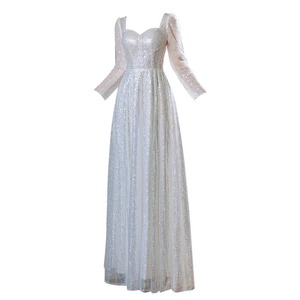 Silver Sequined Evening Gown Long Sleeve Sweetheart Neckline A-Line Empire Waist Wedding Dress Reception Performance Host Dress - Product Image 5