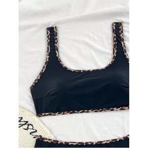 FOXA Conjunto de bikini de 2 piezas para mujer, cuello redondo, con ribete en contraste, tirantes finos, traje de baño de cintura alta - Product Image 6